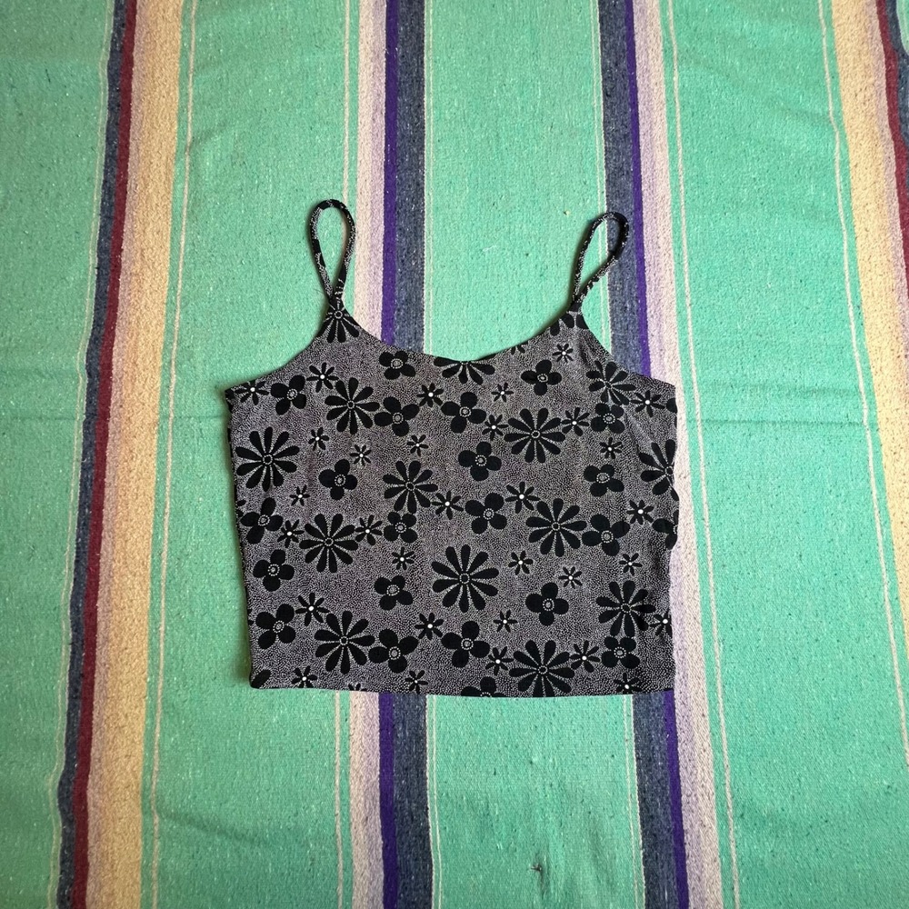 Y2k Cami Top Women XS Black White Floral Daisy Print 90s Y2K Cropped Tank